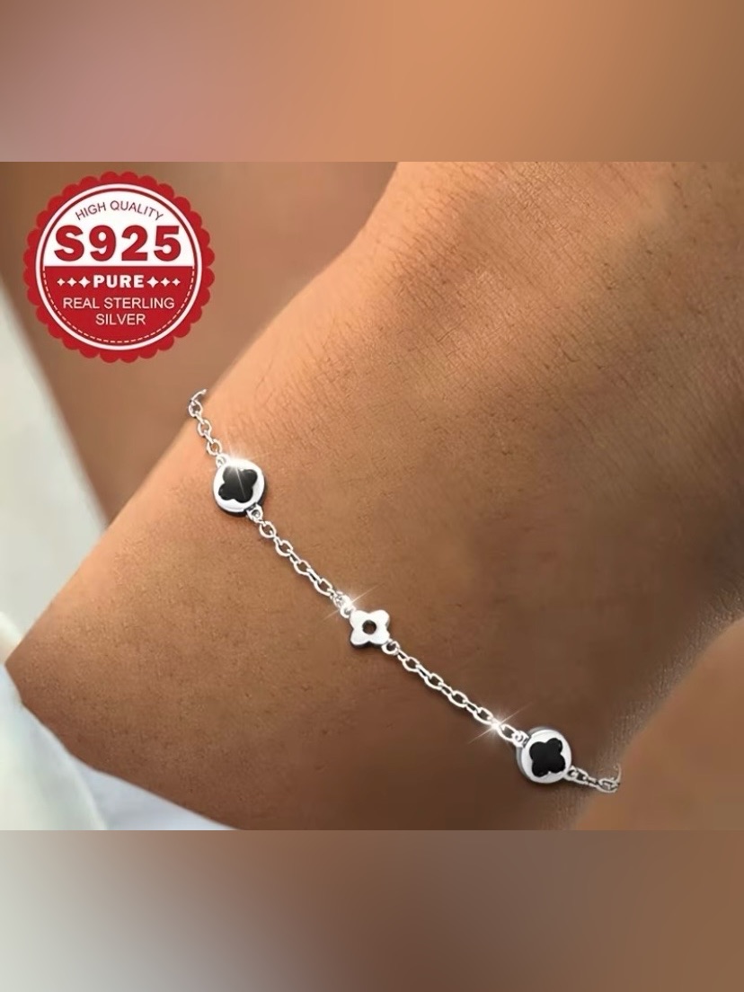 Sterling Silver Black Clover Link Bracelet - S925